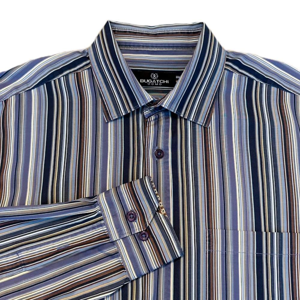 BUGATCHI UOMO Men’s Long Sleeve Vertical Stripe Button Up Shirt - Size Large